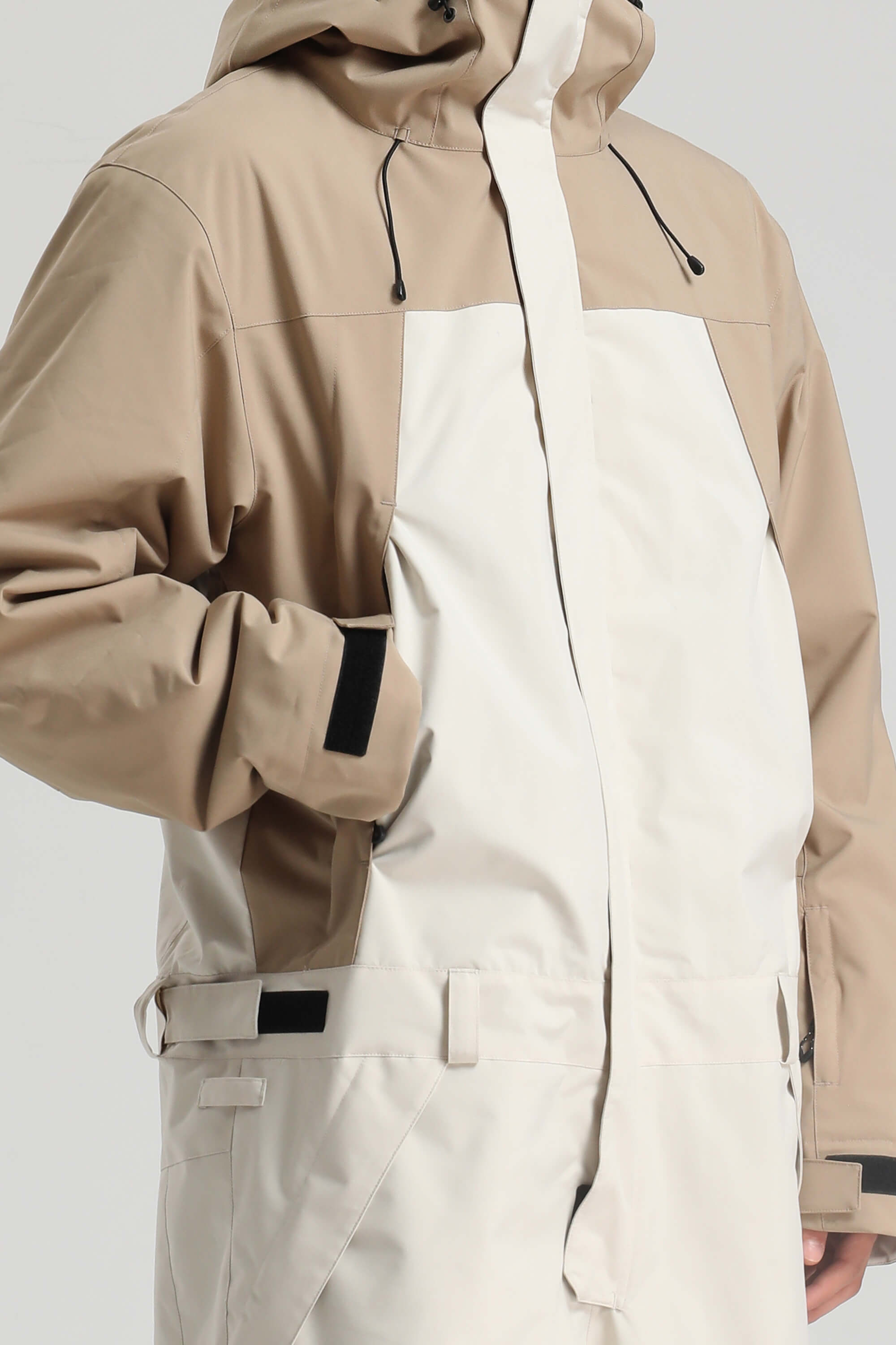 Men's Khaki & White Insulated Color-Block Utility Baggy One-Piece Ski Suit Snowboard Suit