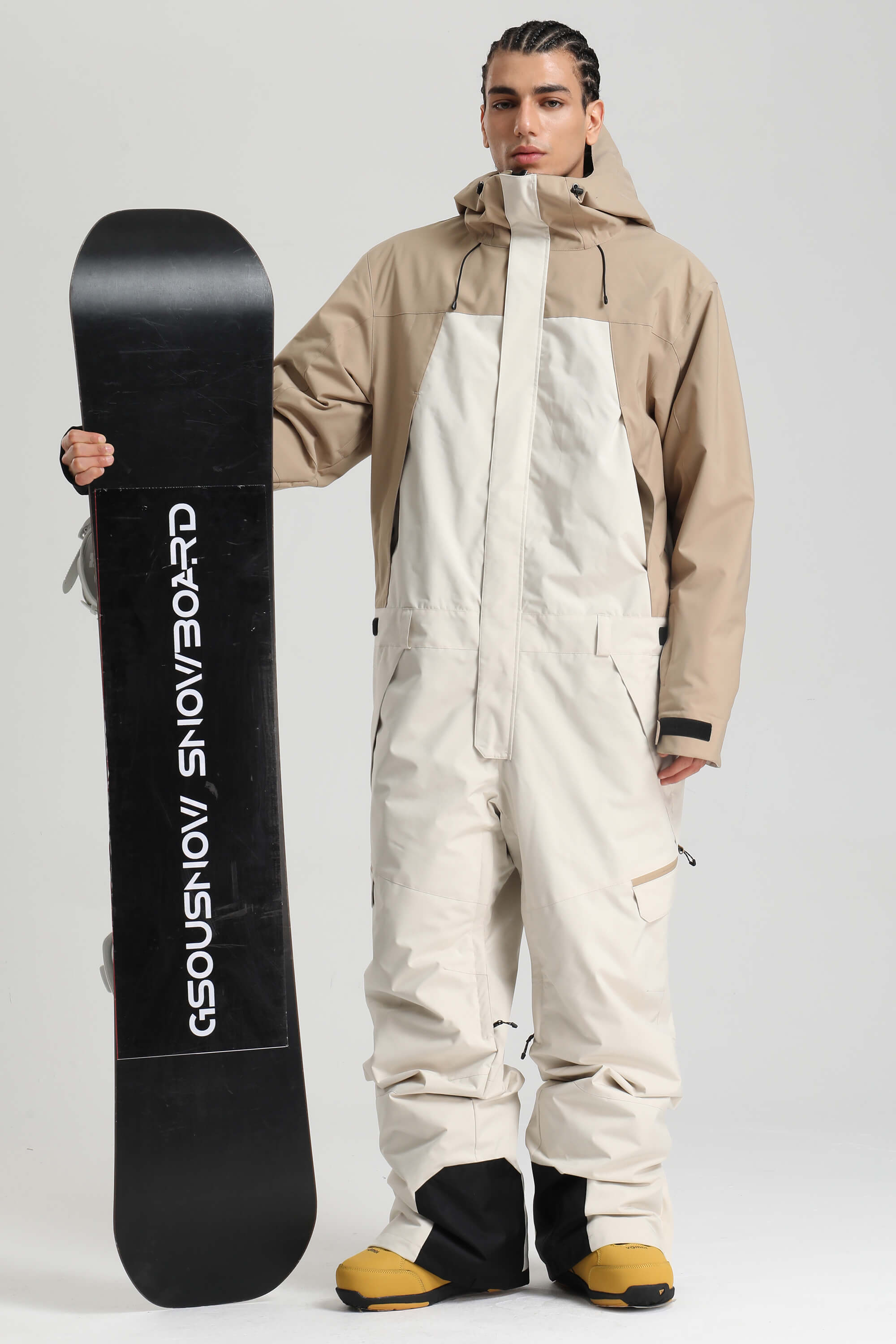 Men's Black Insulated Color-Block Utility Baggy One-Piece Ski Suit Snowboard Suit