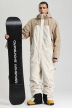 Men's Khaki & White Insulated Color-Block Utility Baggy One-Piece Ski Suit Snowboard Suit