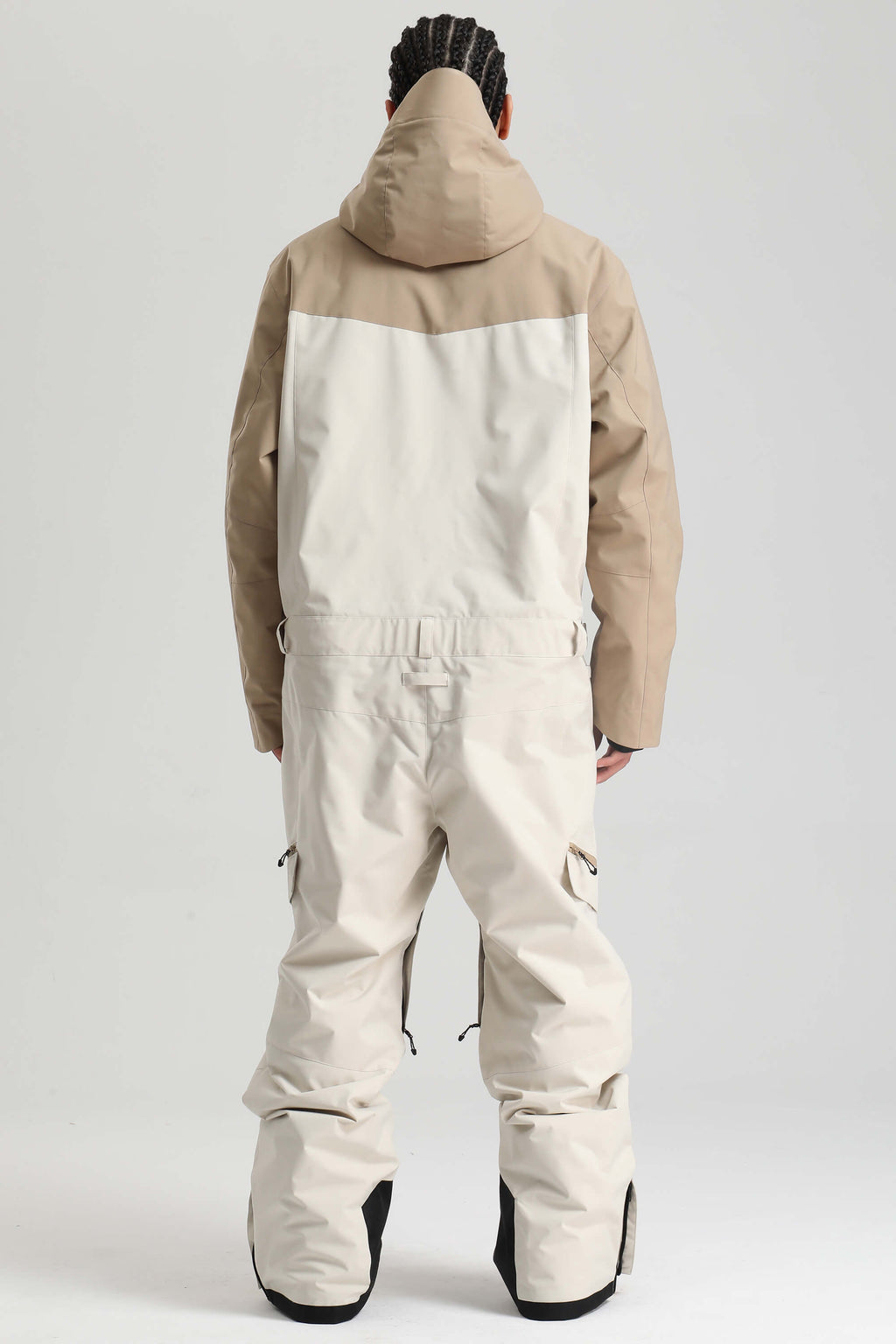 Men's Khaki & White Insulated Color-Block Utility Baggy One-Piece Ski Suit Snowboard Suit