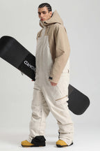 Men's Khaki & White Insulated Color-Block Utility Baggy One-Piece Ski Suit Snowboard Suit