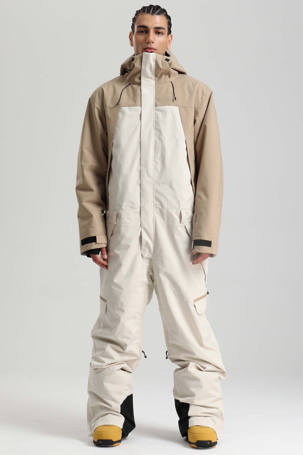 Men's Khaki & White Insulated Color-Block Utility Baggy One-Piece Ski Suit Snowboard Suit