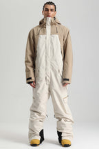 Men's Khaki & White Insulated Color-Block Utility Baggy One-Piece Ski Suit Snowboard Suit
