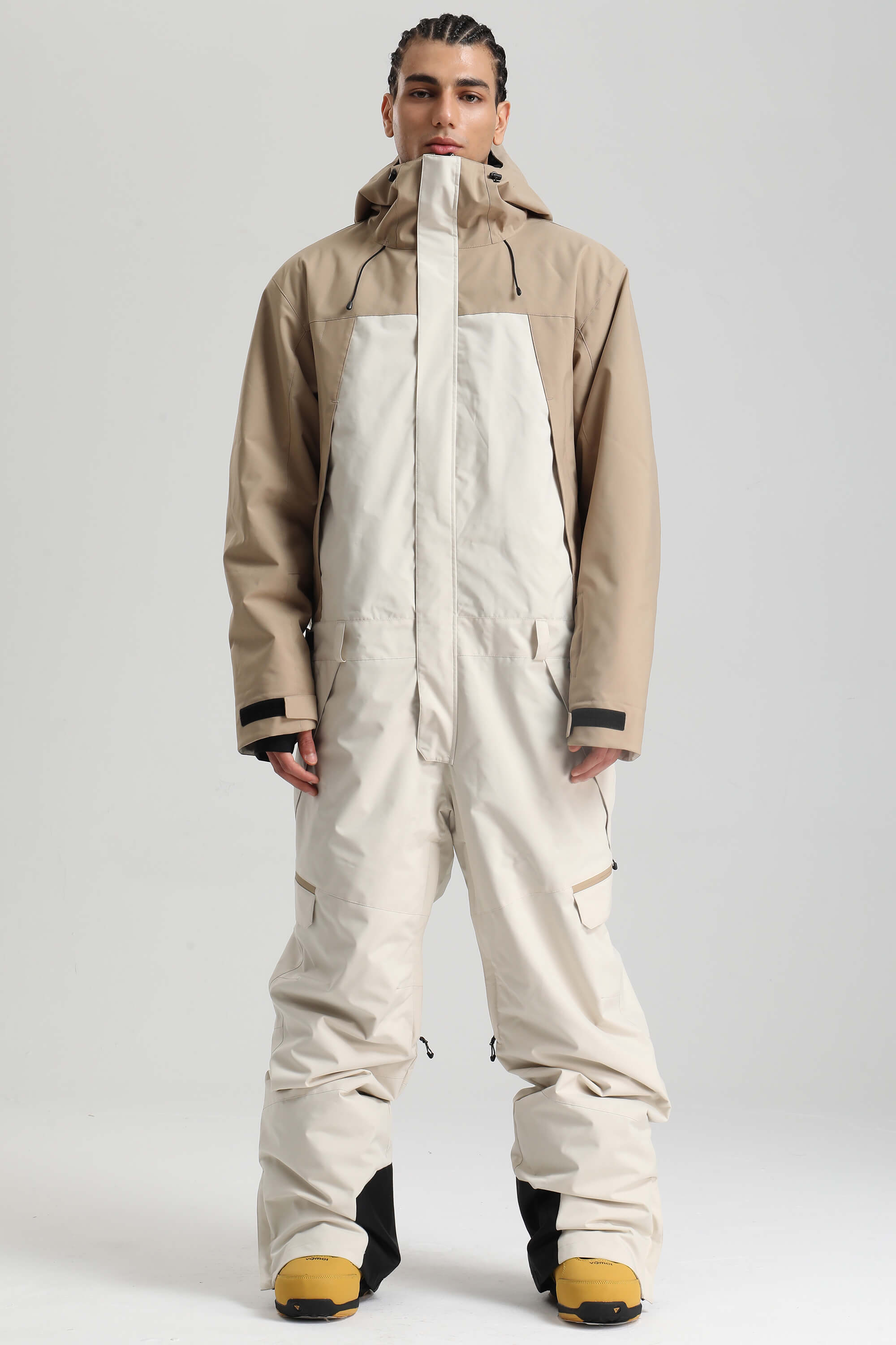 Men's Khaki & White Insulated Color-Block Utility Baggy One-Piece Ski Suit Snowboard Suit