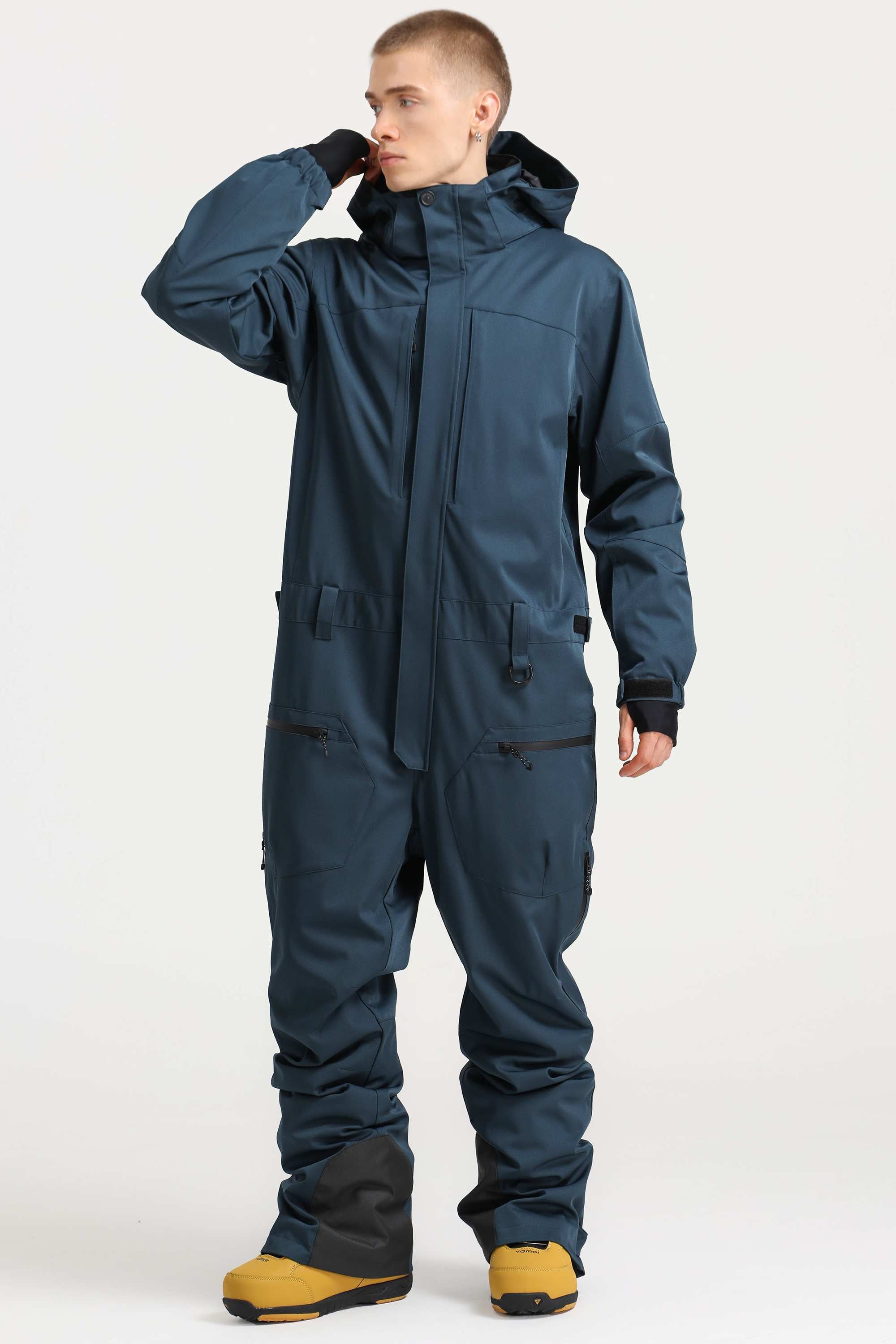 Men's Peacock Blue Loose-Fit Waterproof & Windproof Detachable Hood One-Piece Ski Suit Snowboard Suit Main image