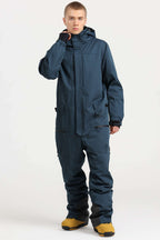 Men's Peacock Blue Loose-Fit Waterproof & Windproof Detachable Hood One-Piece Ski Suit Snowboard Suit