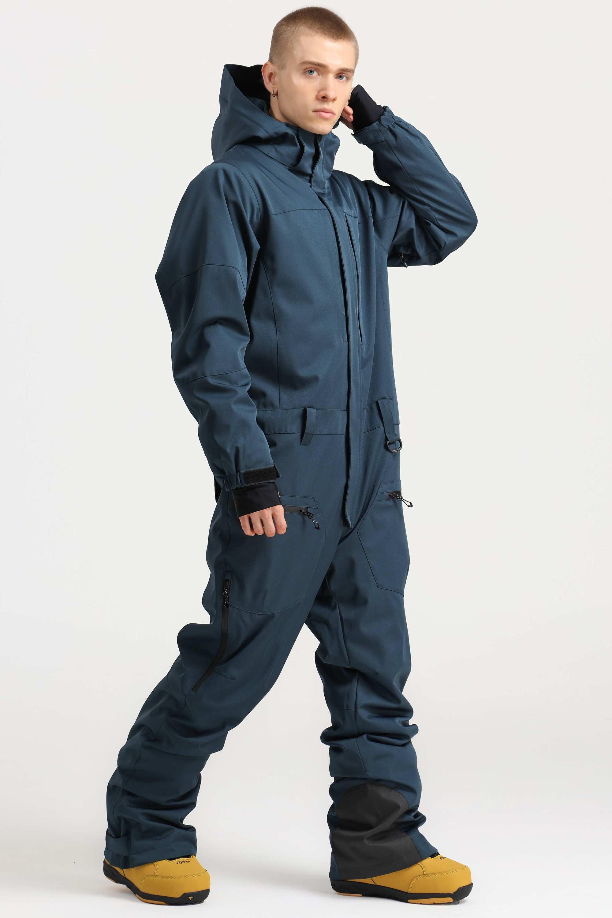 Men's Black Loose-Fit Waterproof & Windproof Detachable Hood One-Piece Ski Suit Snowboard Suit