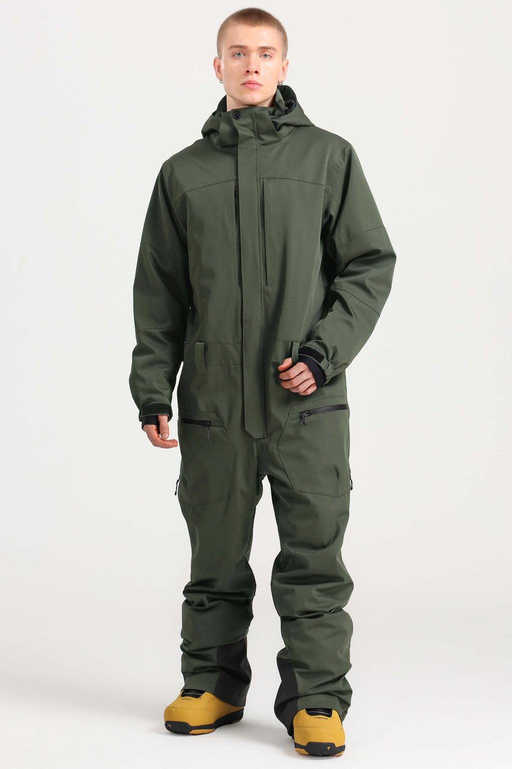 Men's Army Green Loose-Fit Waterproof & Windproof Detachable Hood One-Piece Ski Suit Snowboard Suit