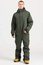 Men's Army Green Loose-Fit Waterproof & Windproof Detachable Hood One-Piece Ski Suit Snowboard Suit