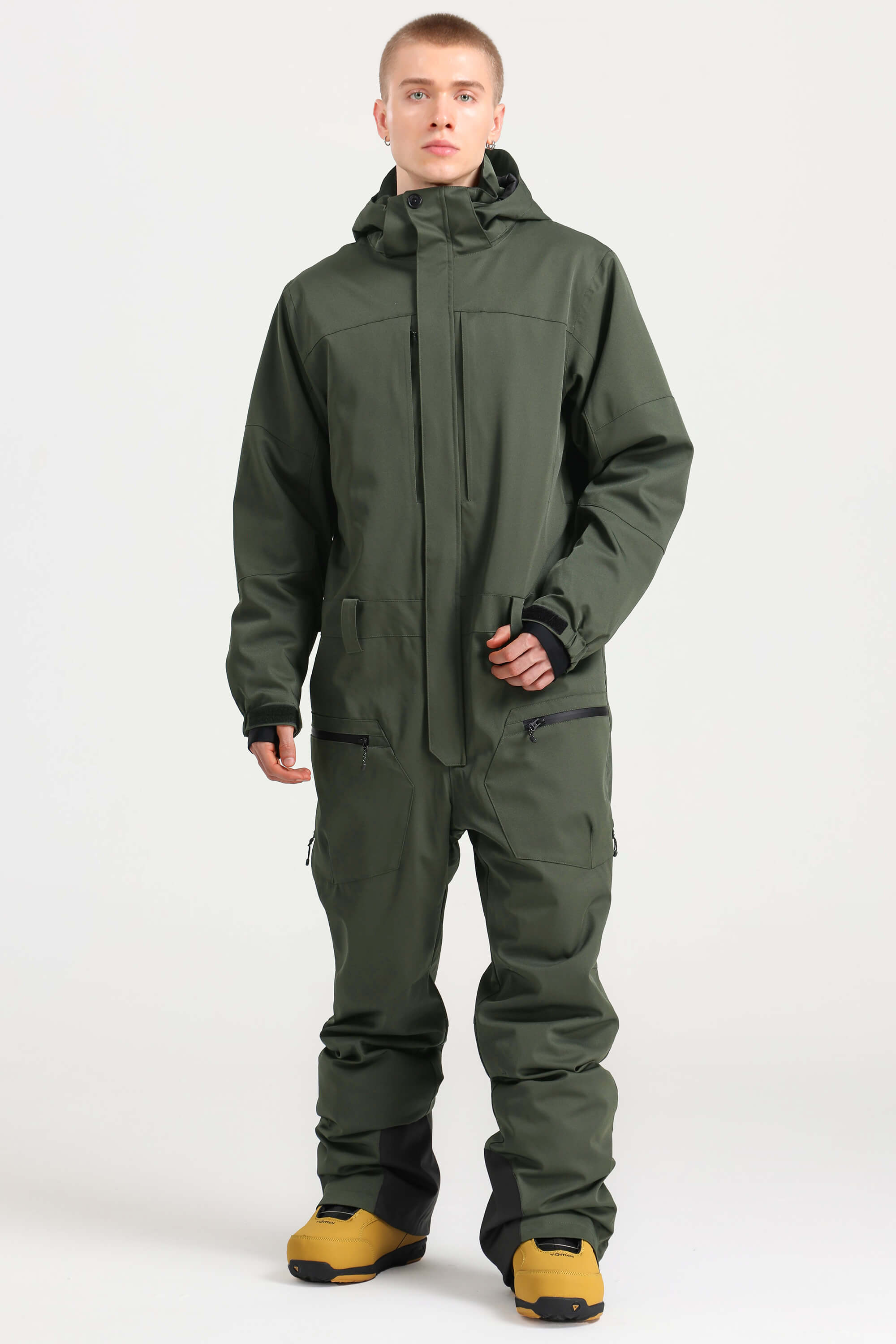 Men's Army Green Loose-Fit Waterproof & Windproof Detachable Hood One-Piece Ski Suit Snowboard Suit