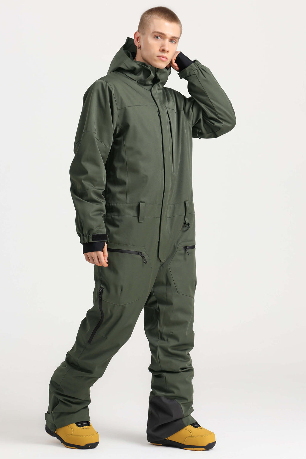 Men's Army Green Loose-Fit Waterproof & Windproof Detachable Hood One-Piece Ski Suit Snowboard Suit