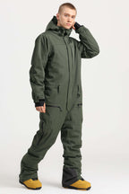 Men's Army Green Loose-Fit Waterproof & Windproof Detachable Hood One-Piece Ski Suit Snowboard Suit