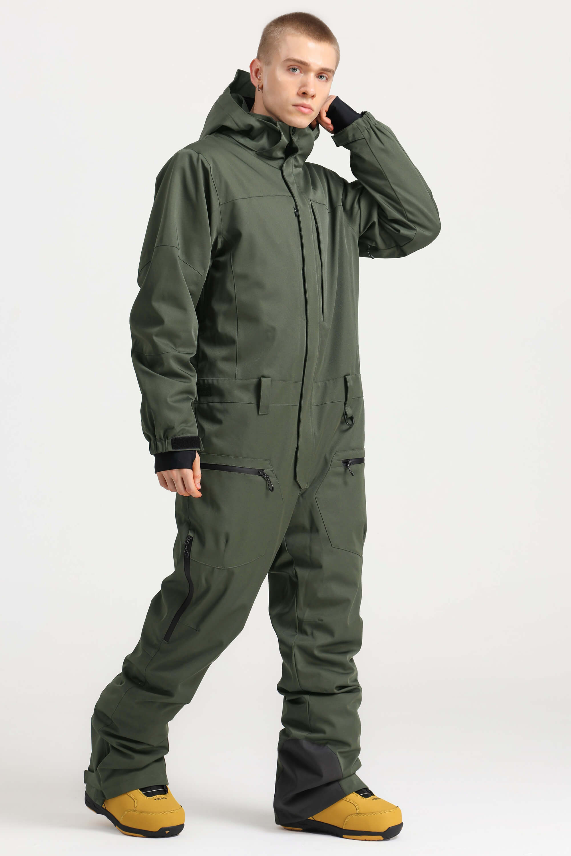 Men's Army Green Loose-Fit Waterproof & Windproof Detachable Hood One-Piece Ski Suit Snowboard Suit