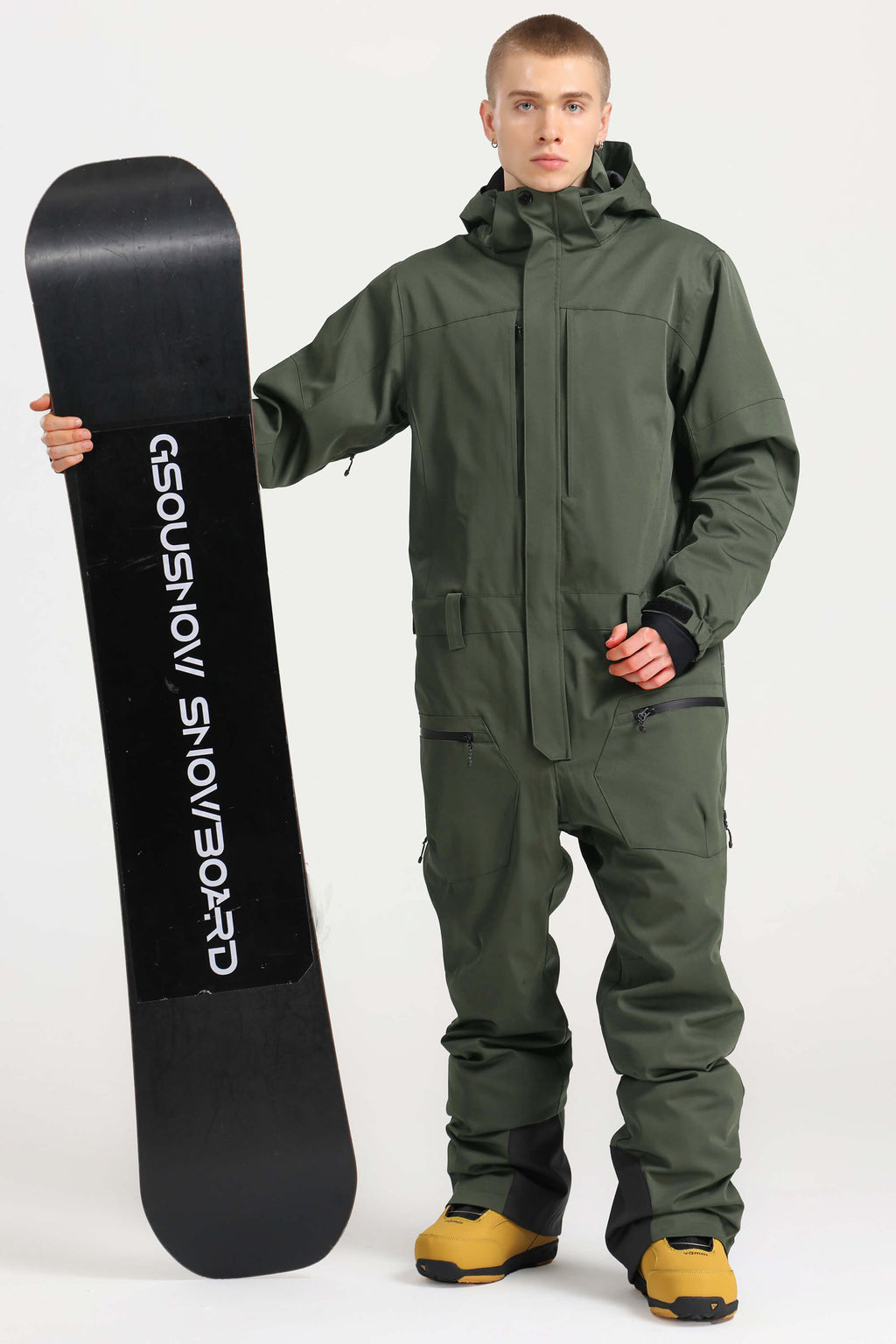 Men's Army Green Loose-Fit Waterproof & Windproof Detachable Hood One-Piece Ski Suit Snowboard Suit