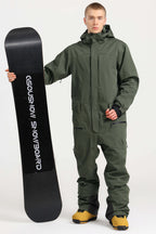 Men's Army Green Loose-Fit Waterproof & Windproof Detachable Hood One-Piece Ski Suit Snowboard Suit