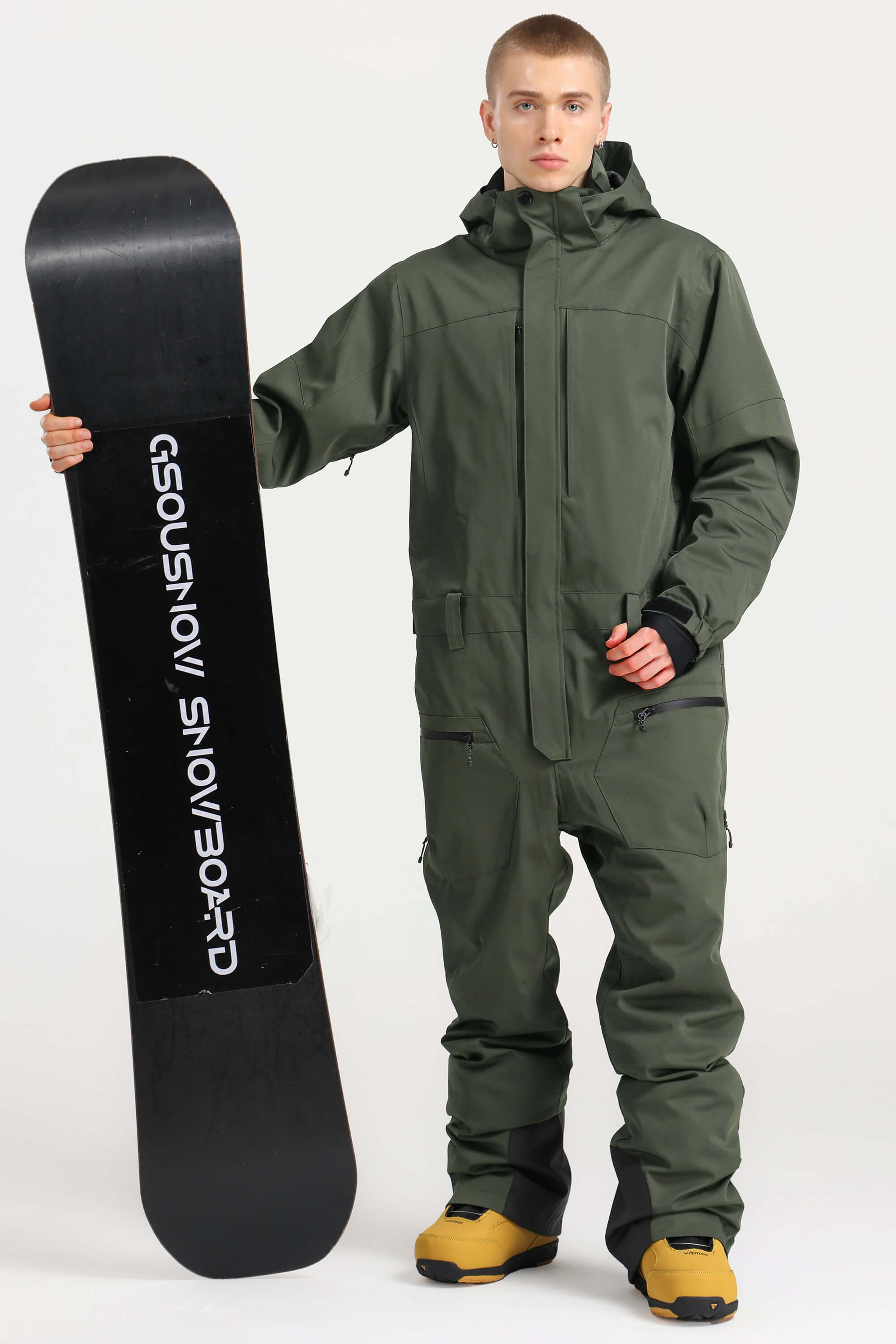 Men's Army Green Loose-Fit Waterproof & Windproof Detachable Hood One-Piece Ski Suit Snowboard Suit