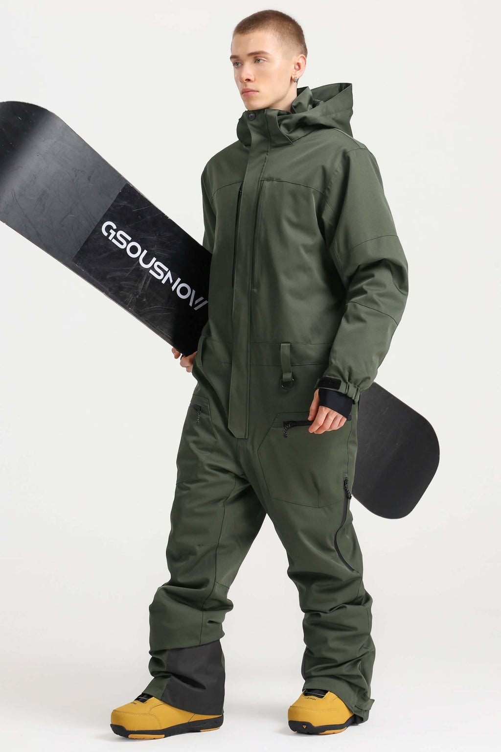 Men's Army Green Loose-Fit Waterproof & Windproof Detachable Hood One-Piece Ski Suit Snowboard Suit