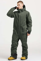 Men's Army Green Loose-Fit Waterproof & Windproof Detachable Hood One-Piece Ski Suit Snowboard Suit