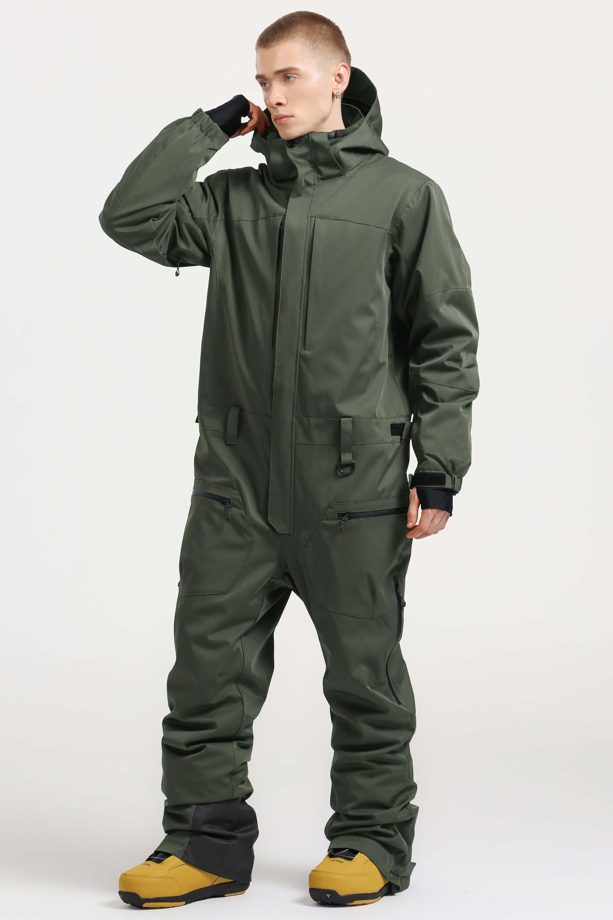 Men's Army Green Loose-Fit Waterproof & Windproof Detachable Hood One-Piece Ski Suit Snowboard Suit