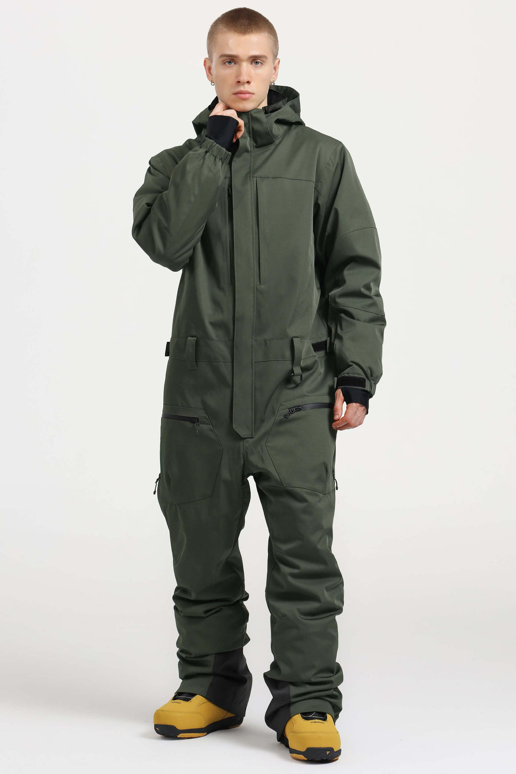 Men's Army Green Loose-Fit Waterproof & Windproof Detachable Hood One-Piece Ski Suit Snowboard Suit