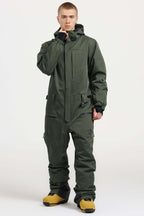 Men's Army Green Loose-Fit Waterproof & Windproof Detachable Hood One-Piece Ski Suit Snowboard Suit
