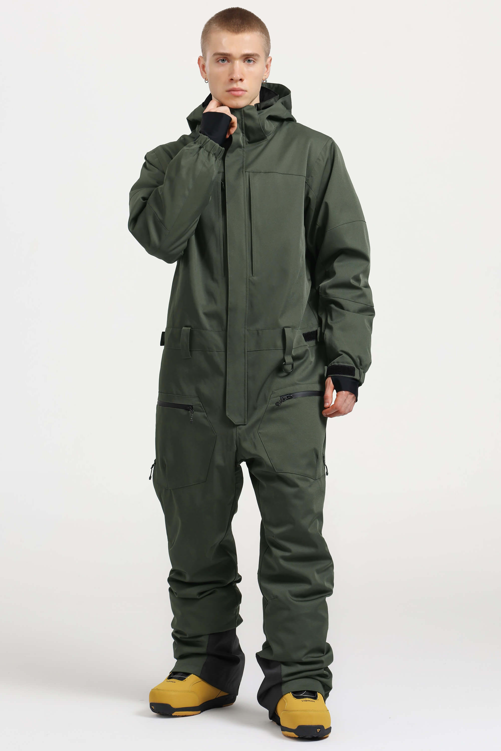 Men's Army Green Loose-Fit Waterproof & Windproof Detachable Hood One-Piece Ski Suit Snowboard Suit