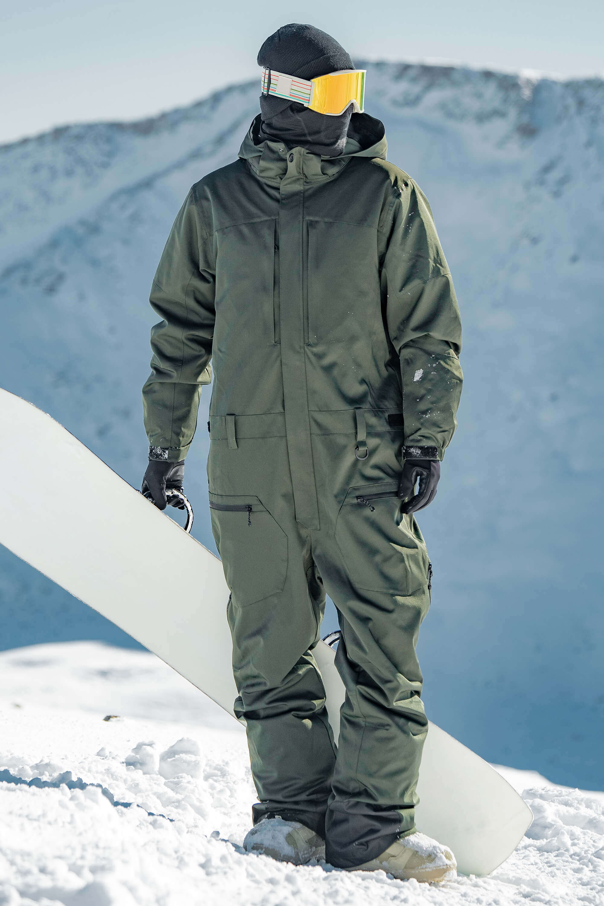 Men's Army Green Loose-Fit Waterproof & Windproof Detachable Hood One-Piece Ski Suit Snowboard Suit Main image