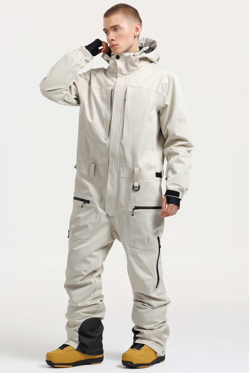 Men's Off White Loose-Fit Waterproof & Windproof Detachable Hood One-Piece Ski Suit Snowboard Suit