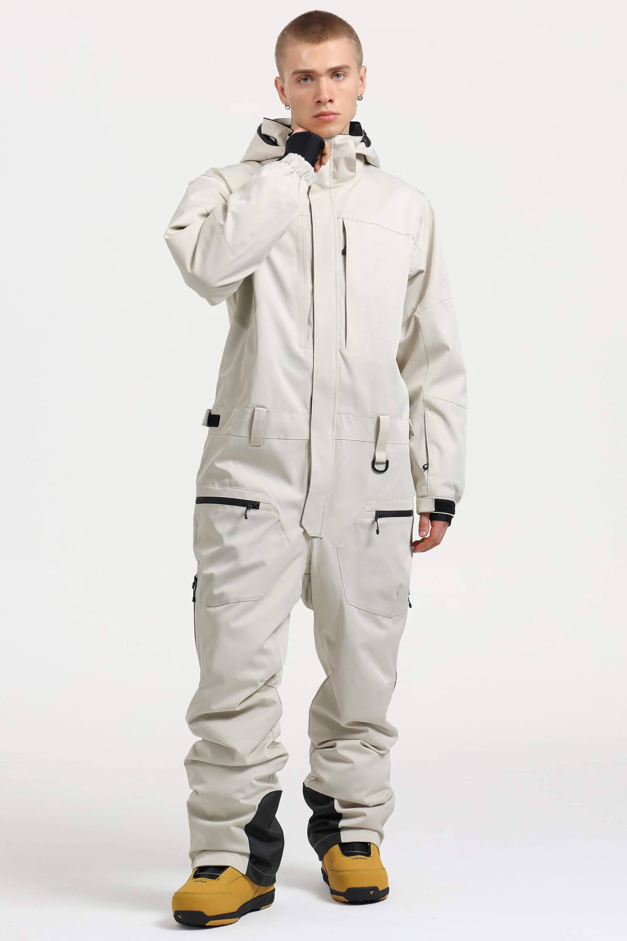 Men's Off White Loose-Fit Waterproof & Windproof Detachable Hood One-Piece Ski Suit Snowboard Suit Secondary image