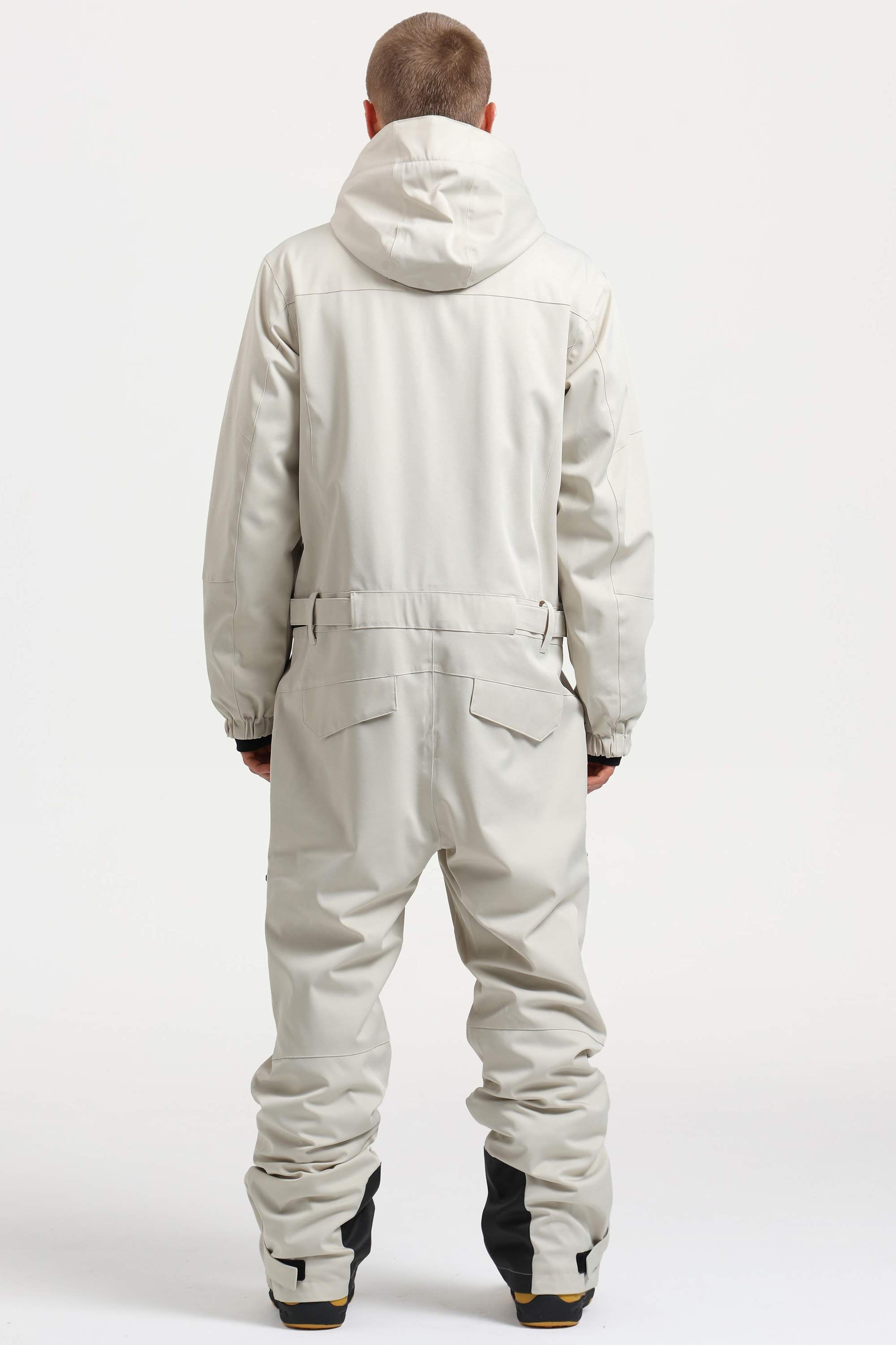 Men's Off White Loose-Fit Waterproof & Windproof Detachable Hood One-Piece Ski Suit Snowboard Suit