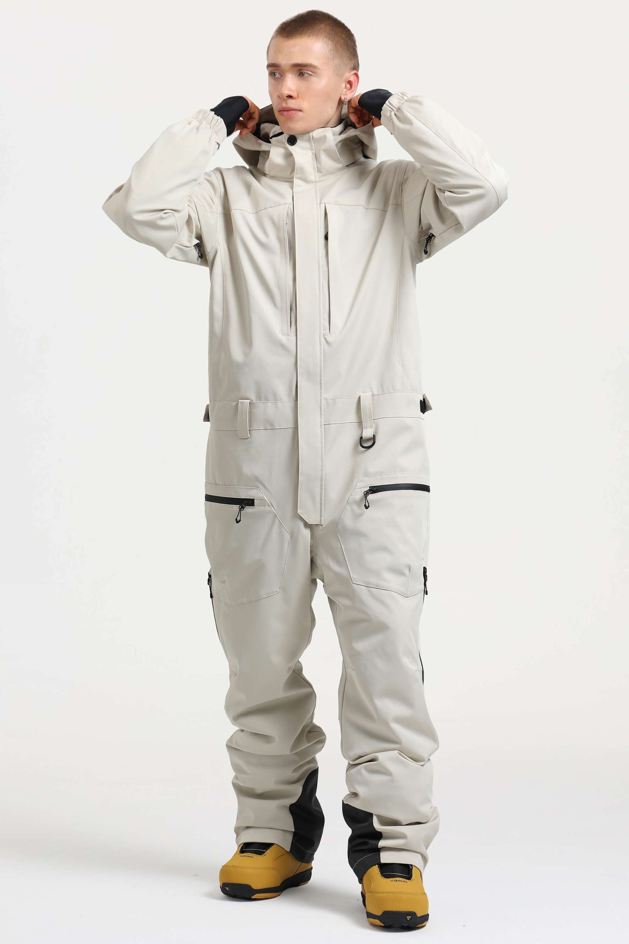 Men's Khaki Loose-Fit Waterproof & Windproof Detachable Hood One-Piece Ski Suit Snowboard Suit
