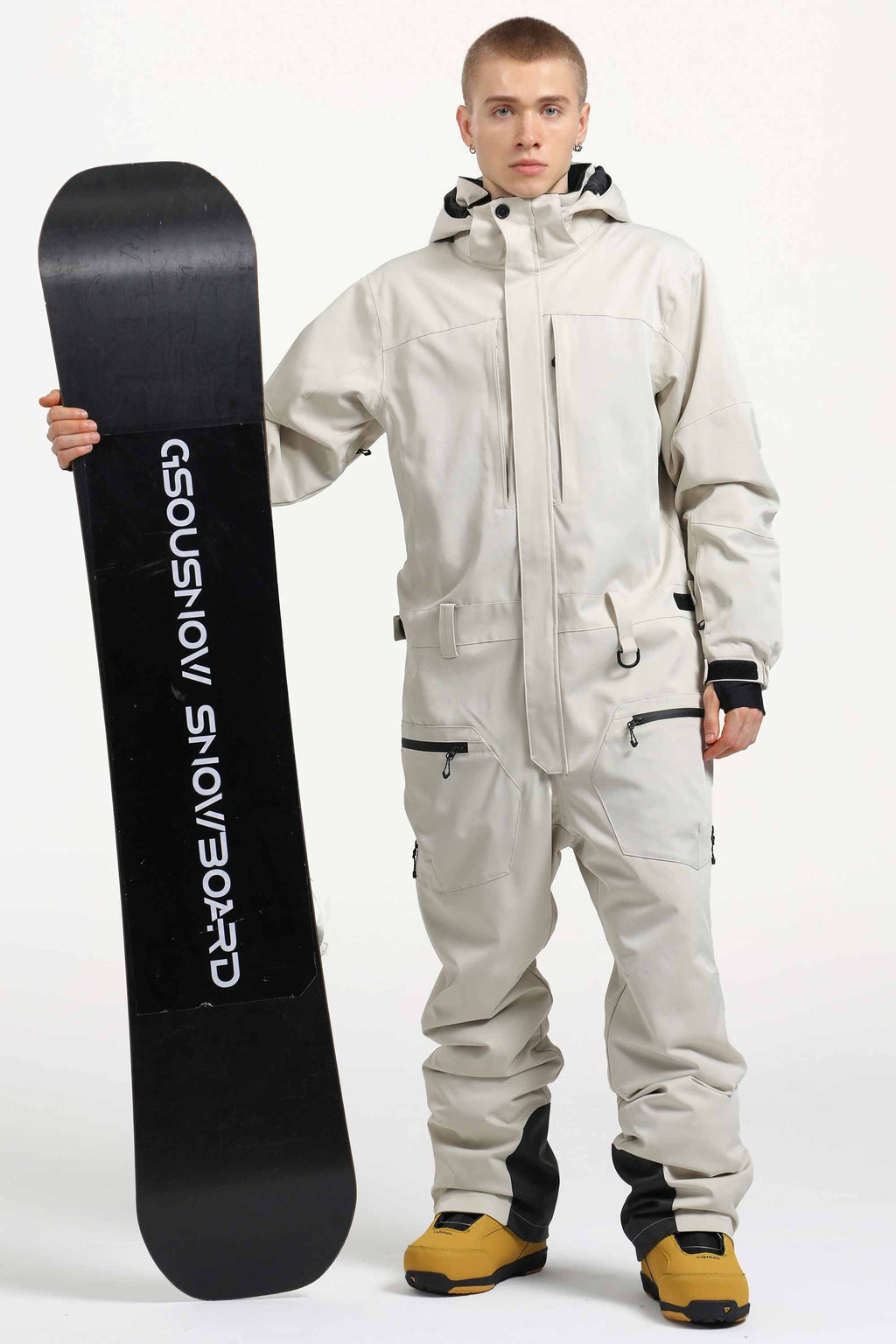 Men's Army Green Loose-Fit Waterproof & Windproof Detachable Hood One-Piece Ski Suit Snowboard Suit