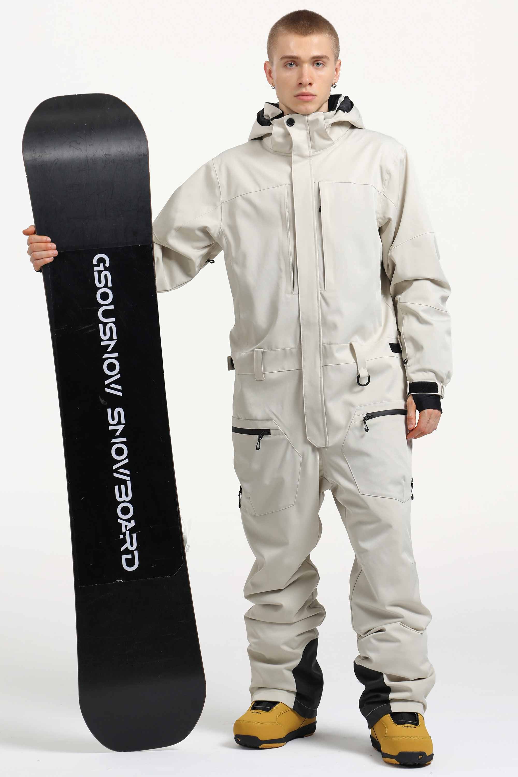 Men's Army Green Loose-Fit Waterproof & Windproof Detachable Hood One-Piece Ski Suit Snowboard Suit