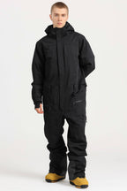 Men's Black Loose-Fit Waterproof & Windproof Detachable Hood One-Piece Ski Suit Snowboard Suit