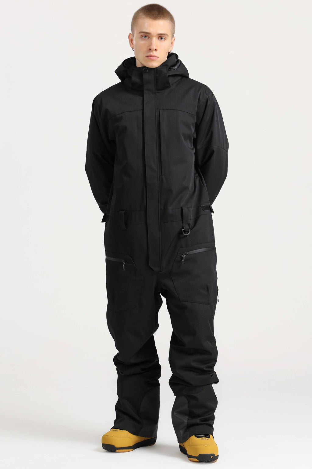 Men's Black Loose-Fit Waterproof & Windproof Detachable Hood One-Piece Ski Suit Snowboard Suit