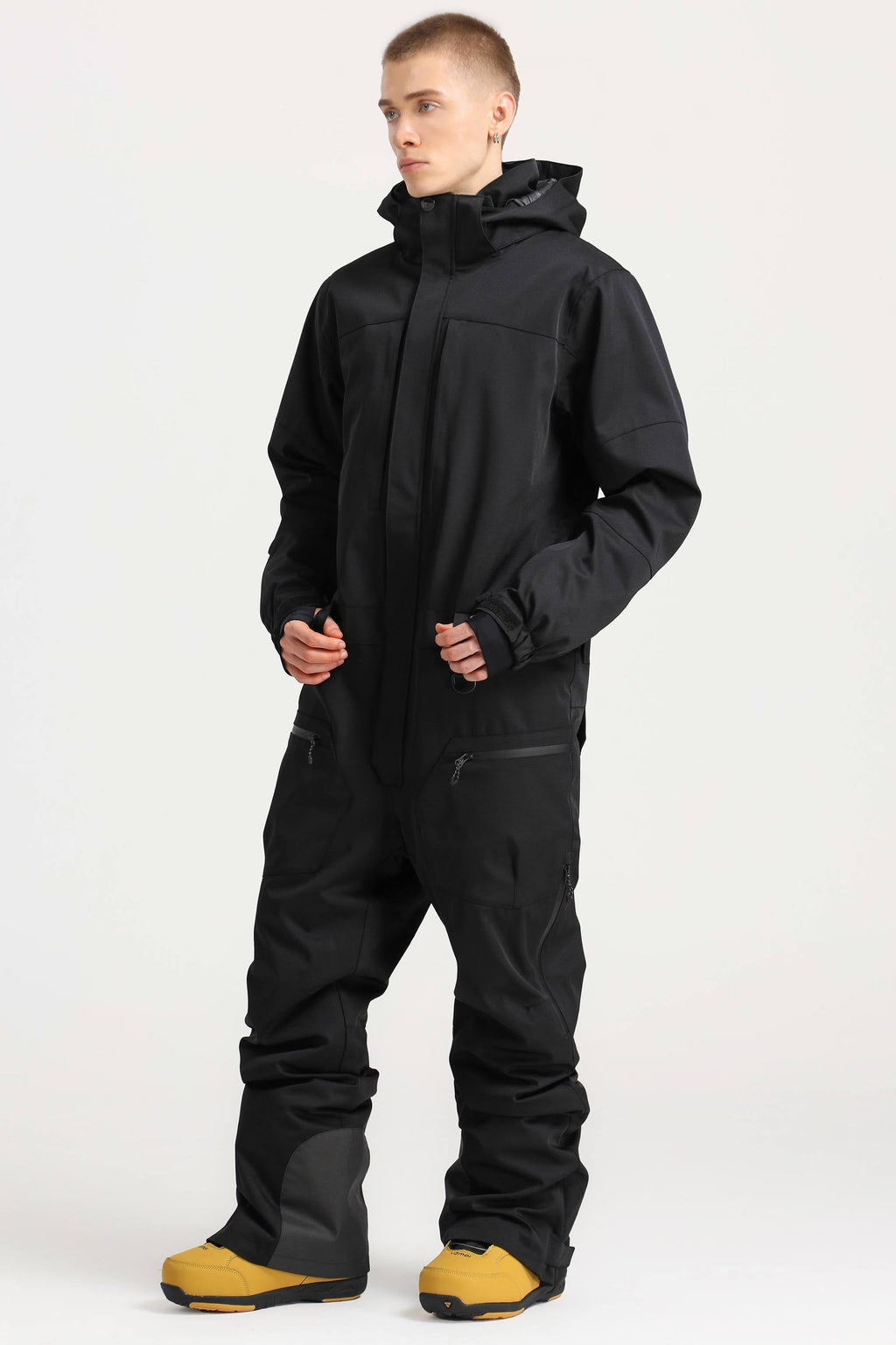Men's Black Loose-Fit Waterproof & Windproof Detachable Hood One-Piece Ski Suit Snowboard Suit