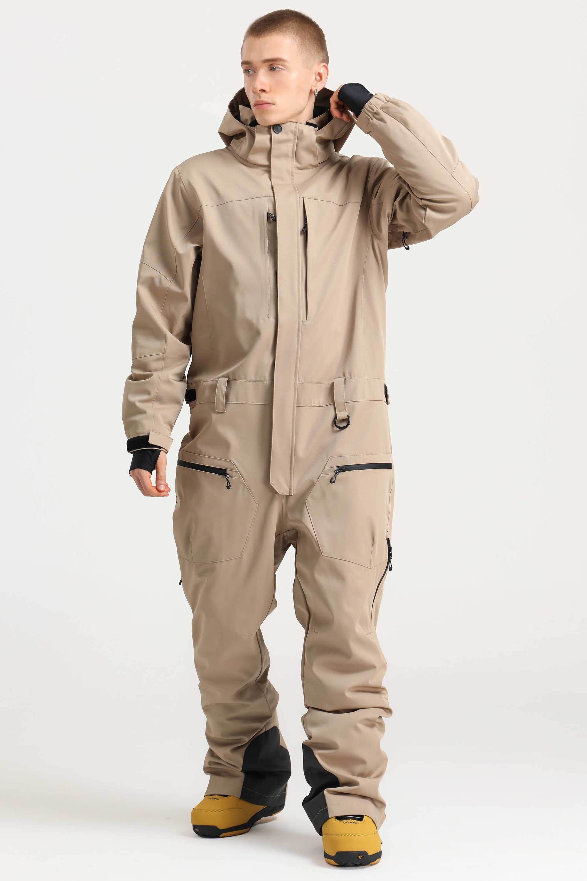 Men's Khaki Loose-Fit Waterproof & Windproof Detachable Hood One-Piece Ski Suit Snowboard Suit Main image