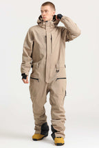Men's Khaki Loose-Fit Waterproof & Windproof Detachable Hood One-Piece Ski Suit Snowboard Suit