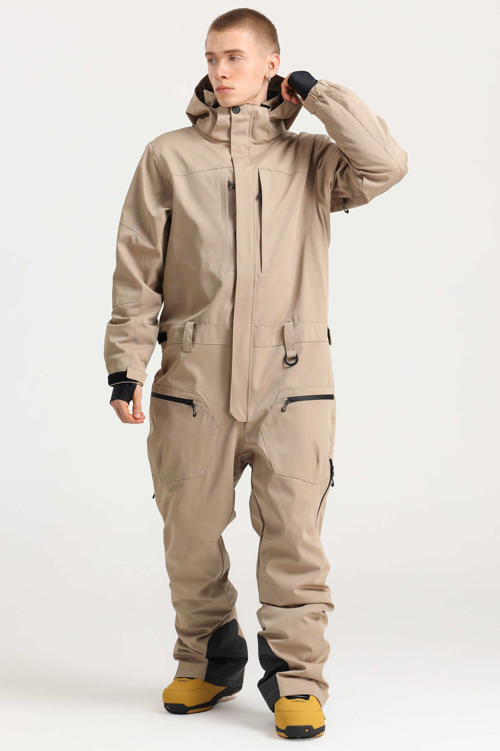 Men's Army Green Loose-Fit Waterproof & Windproof Detachable Hood One-Piece Ski Suit Snowboard Suit