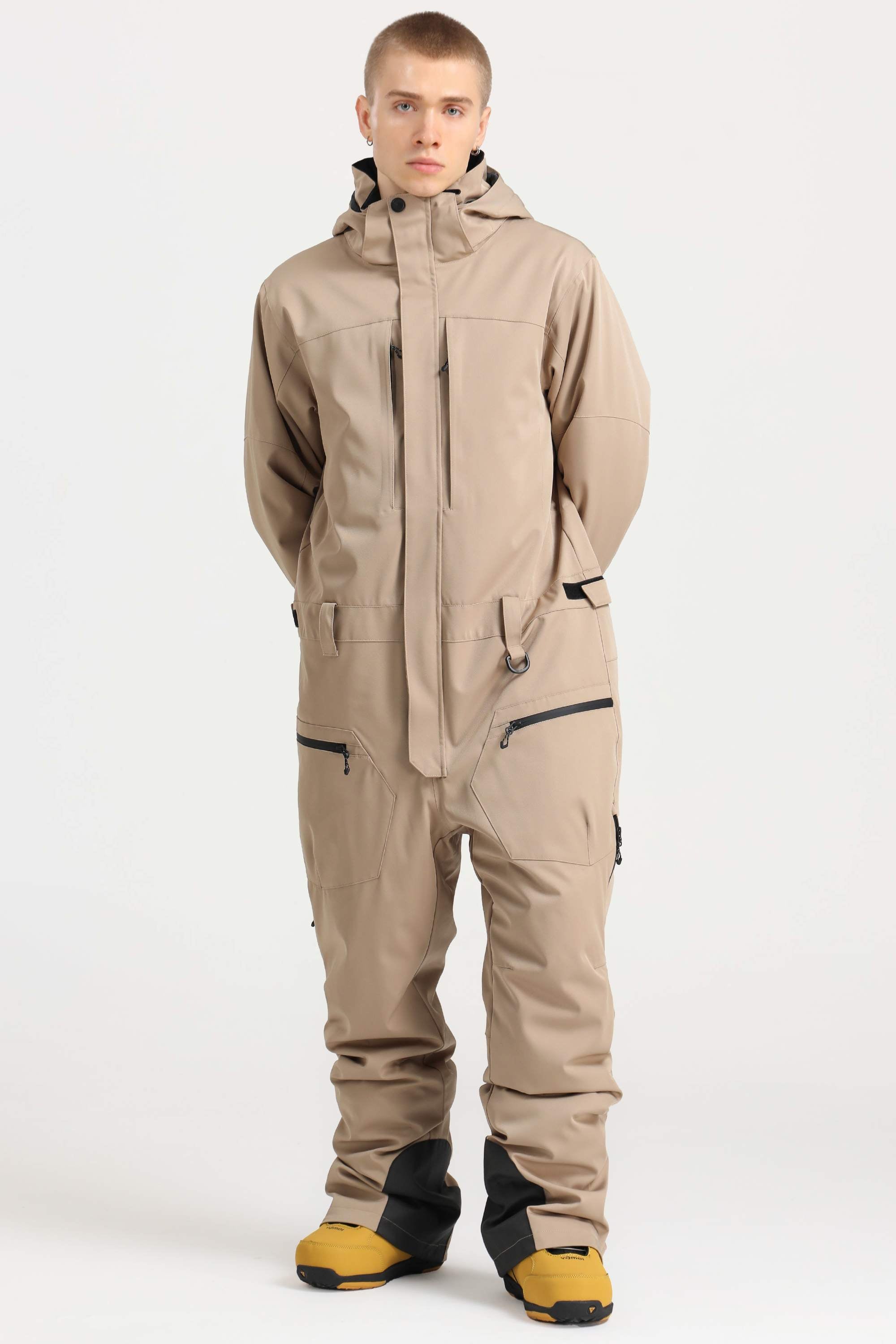 Men's Khaki Loose-Fit Waterproof & Windproof Detachable Hood One-Piece Ski Suit Snowboard Suit Secondary image
