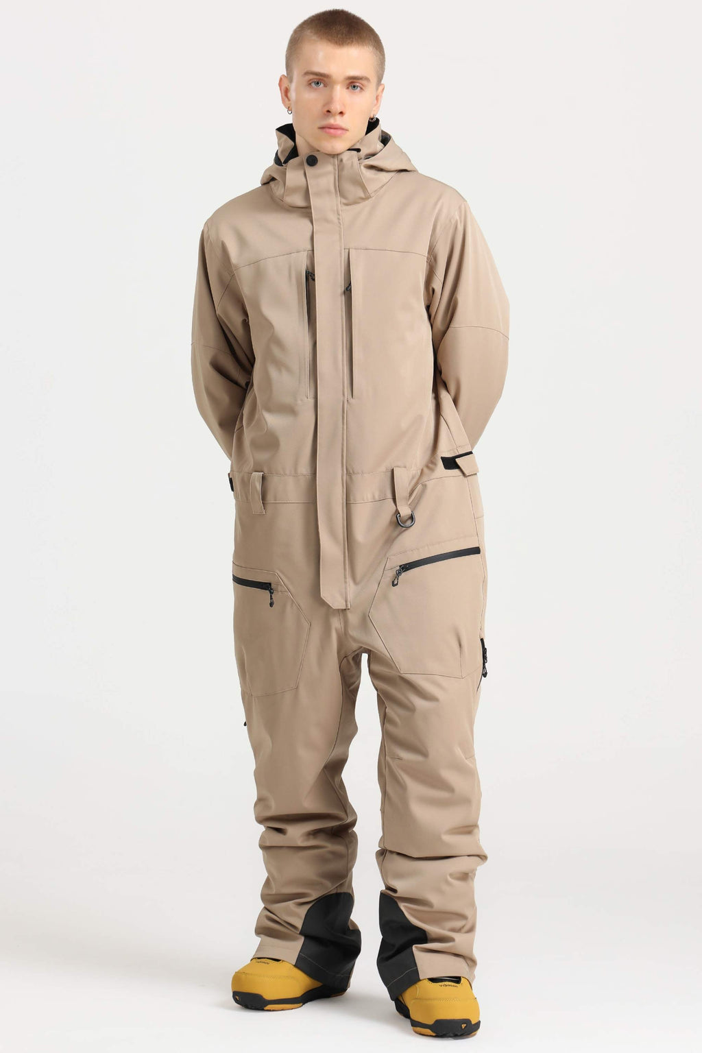 Men's Khaki Loose-Fit Waterproof & Windproof Detachable Hood One-Piece Ski Suit Snowboard Suit