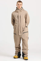 Men's Khaki Loose-Fit Waterproof & Windproof Detachable Hood One-Piece Ski Suit Snowboard Suit