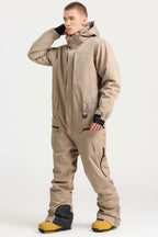 Men's Khaki Loose-Fit Waterproof & Windproof Detachable Hood One-Piece Ski Suit Snowboard Suit