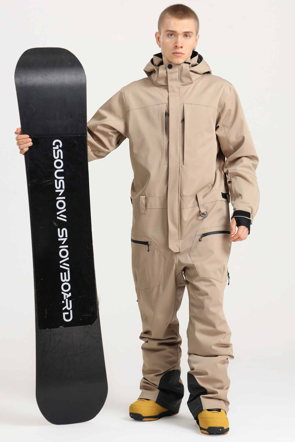 Men's Khaki Loose-Fit Waterproof & Windproof Detachable Hood One-Piece Ski Suit Snowboard Suit