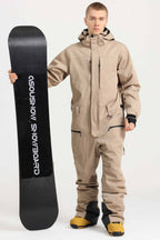 Men's Khaki Loose-Fit Waterproof & Windproof Detachable Hood One-Piece Ski Suit Snowboard Suit