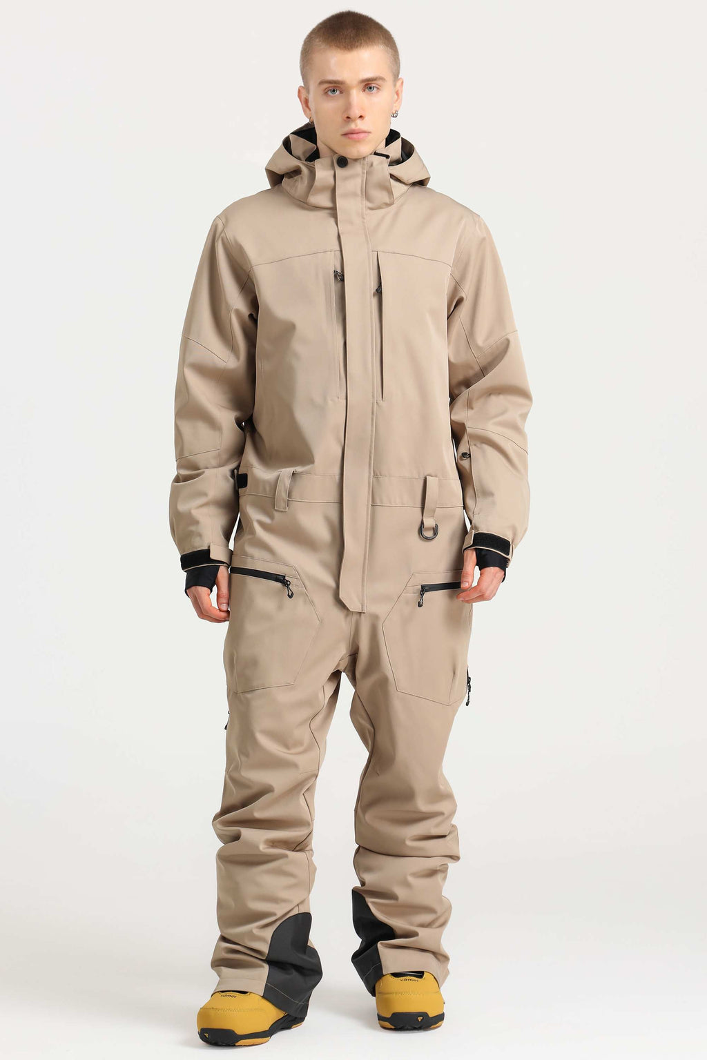 Men's Khaki Loose-Fit Waterproof & Windproof Detachable Hood One-Piece Ski Suit Snowboard Suit
