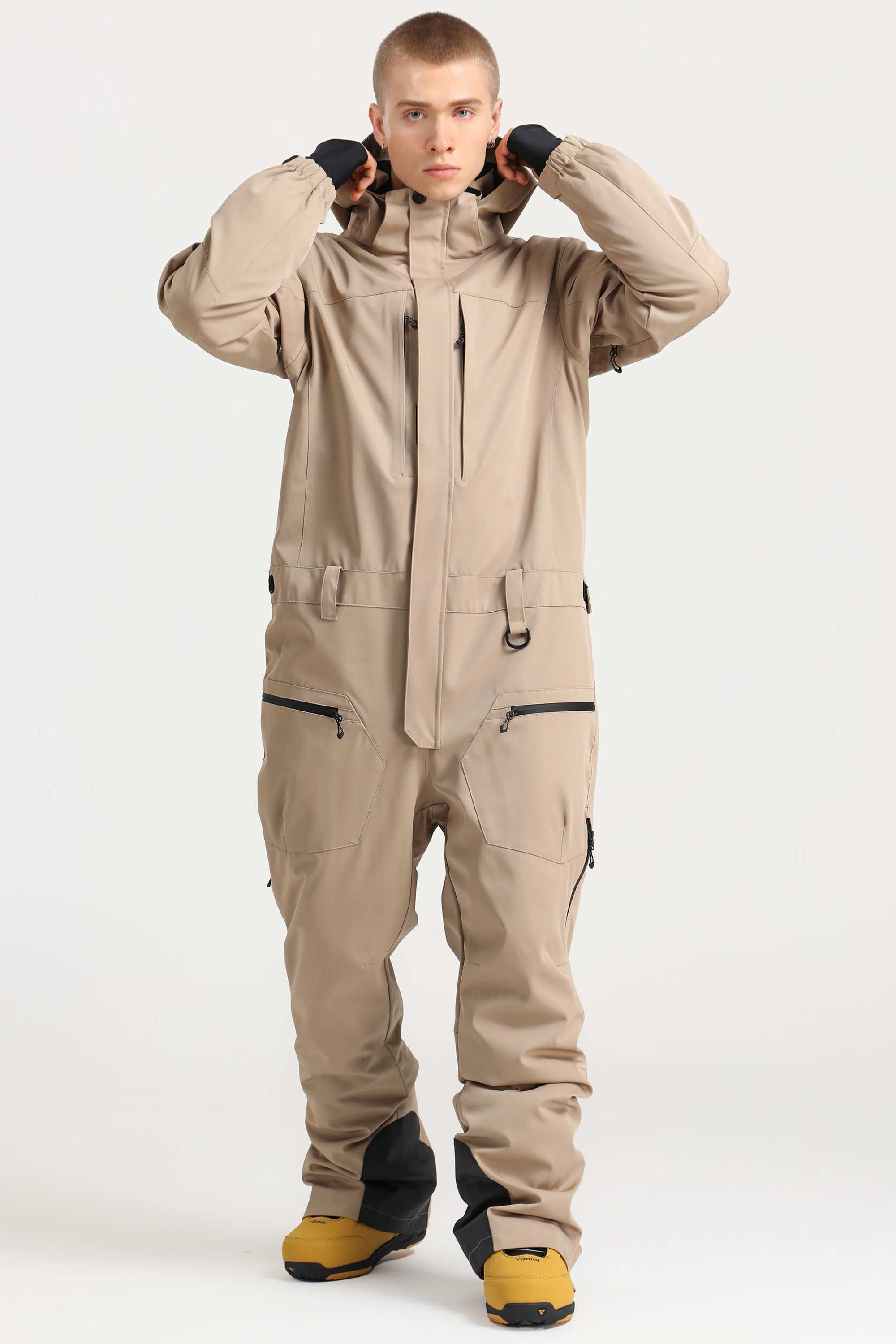 Men's Khaki Loose-Fit Waterproof & Windproof Detachable Hood One-Piece Ski Suit Snowboard Suit