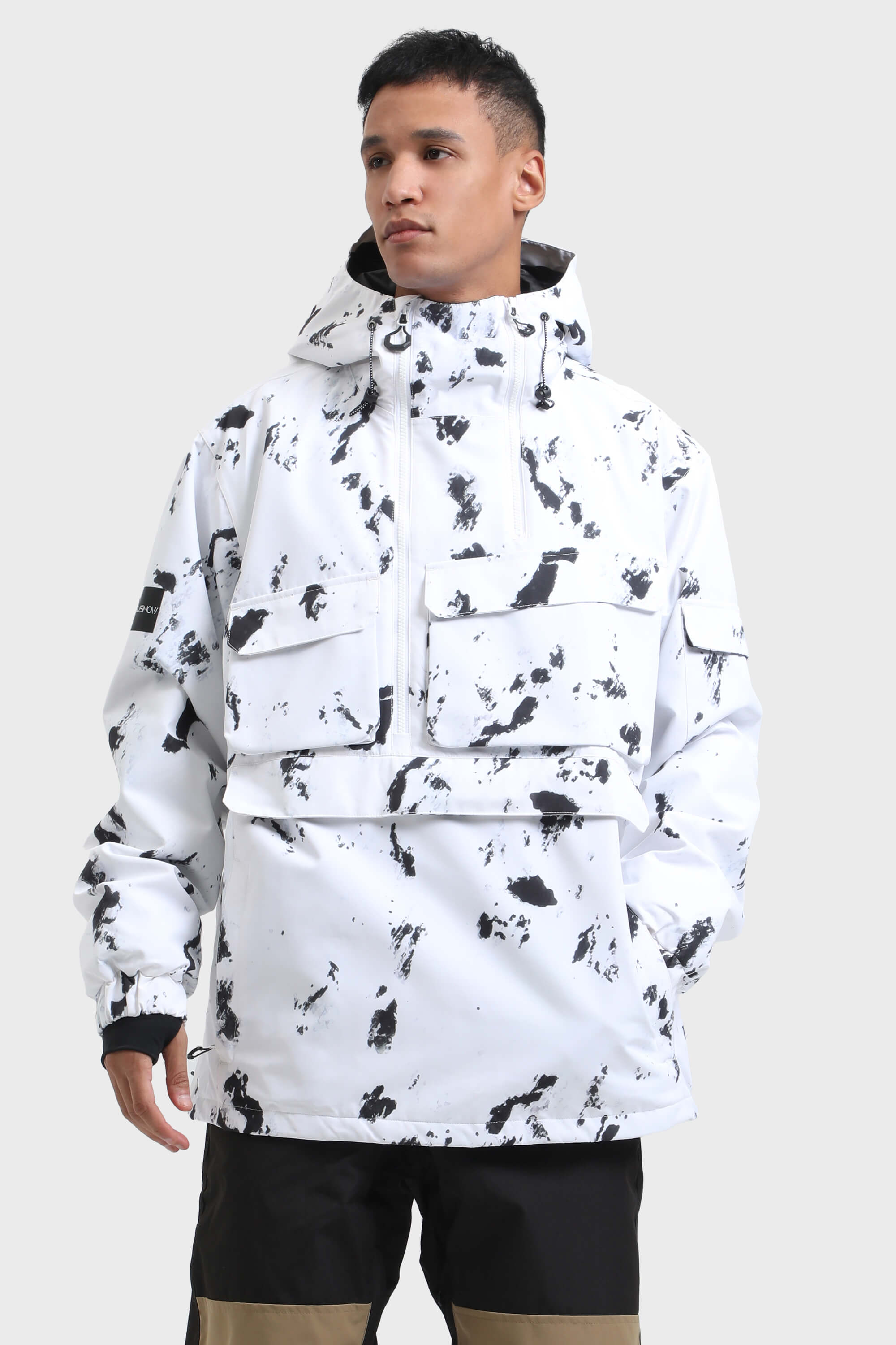 Men's White Asymmetric Kangaroo Pocket Ski Anorak Waterproof Insulated Snow Anoraks