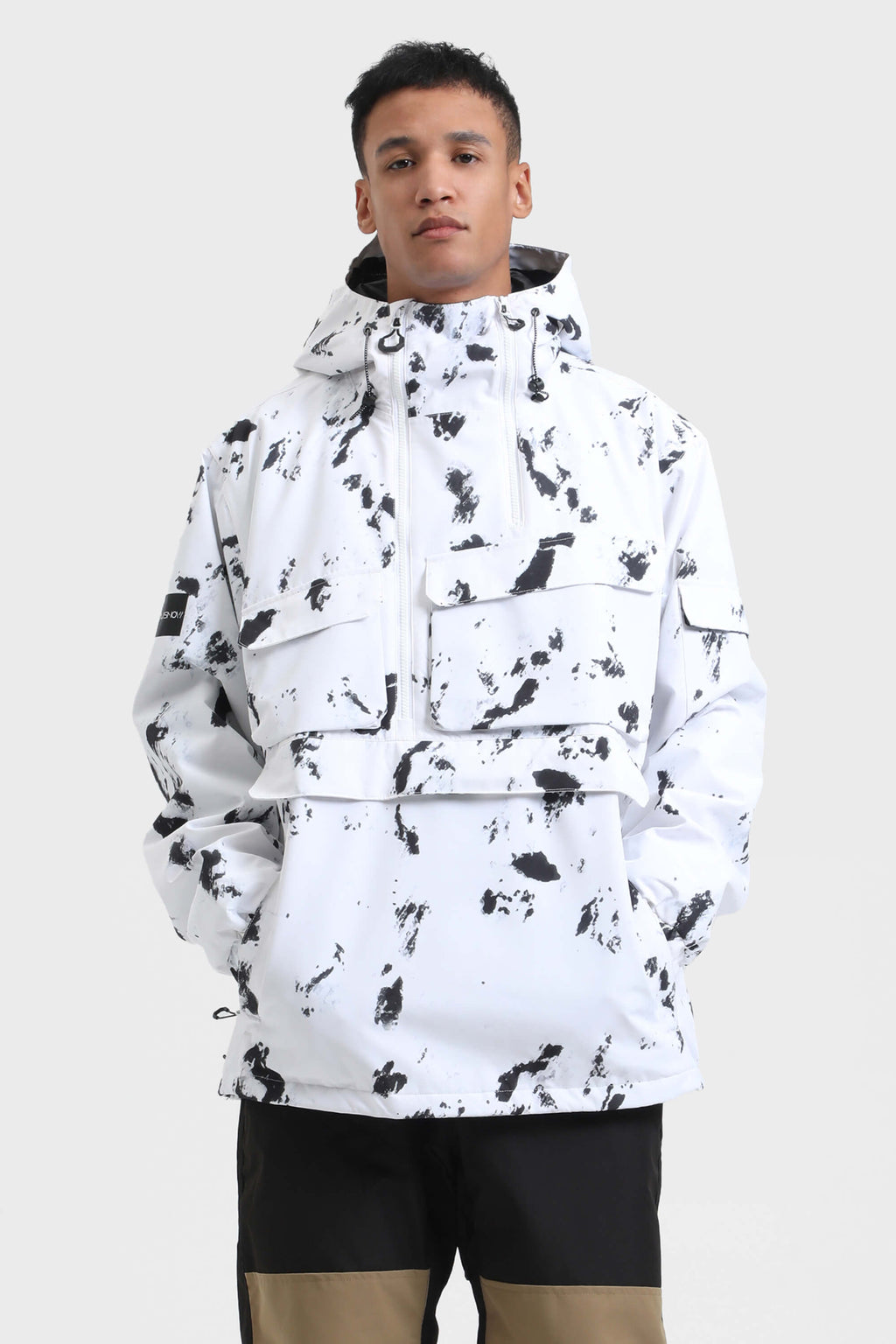 Men's Black Camo Asymmetric Kangaroo Pocket Ski Anorak Waterproof Insulated Snow Anoraks