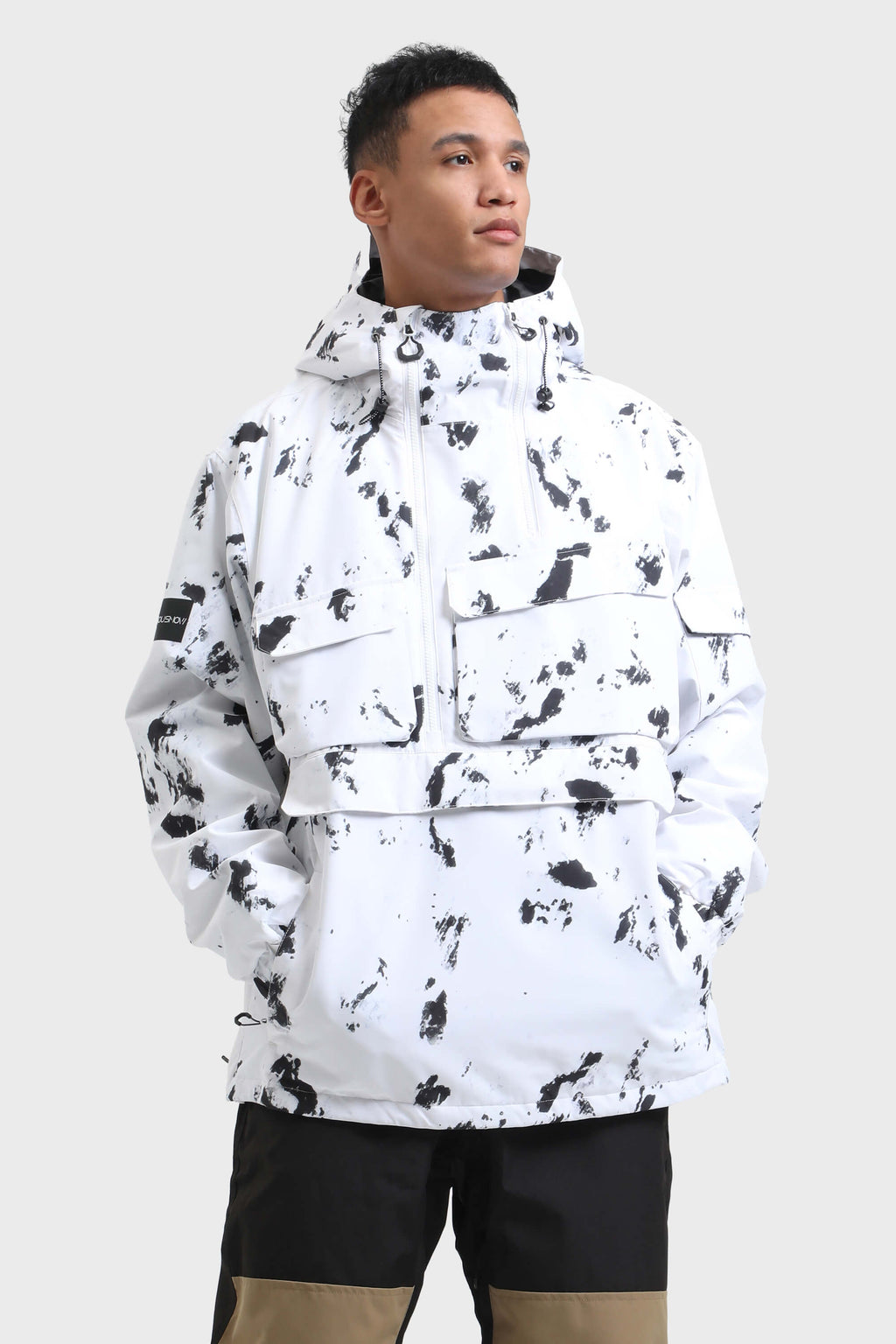 Men's Black Asymmetric Kangaroo Pocket Ski Anorak Waterproof Insulated Snow Anoraks